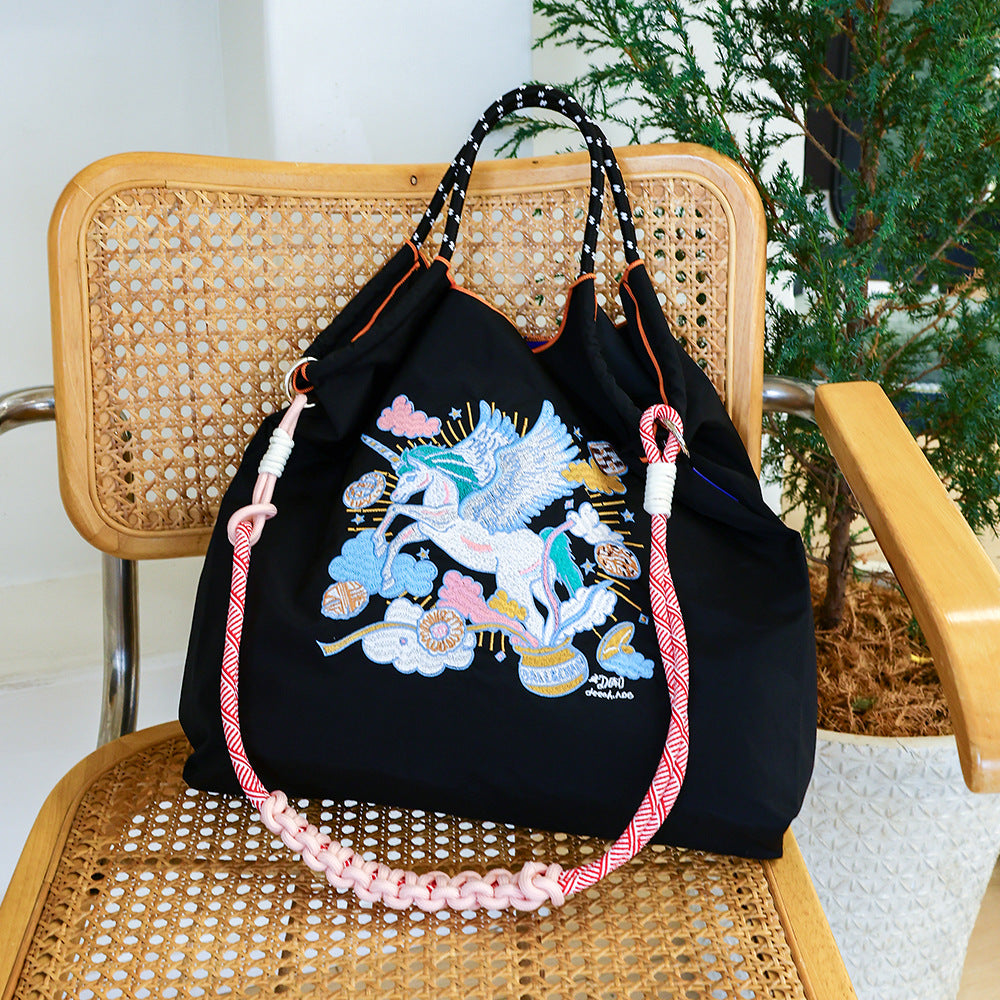 Lucky Horse Cartoon Waterproof Nylon Needle Embroidery Fashion Commuter Large Shoulder Bags