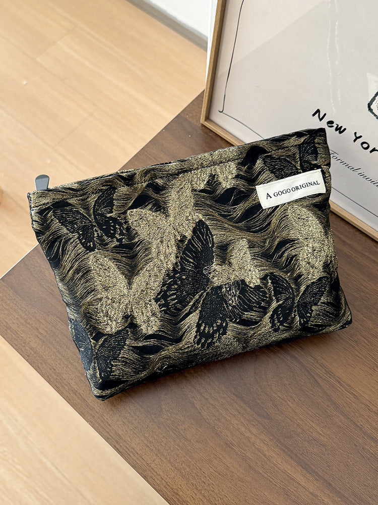 Gold Silk Butterfly Fabric Storage Clutch Canvas Makeup Bag