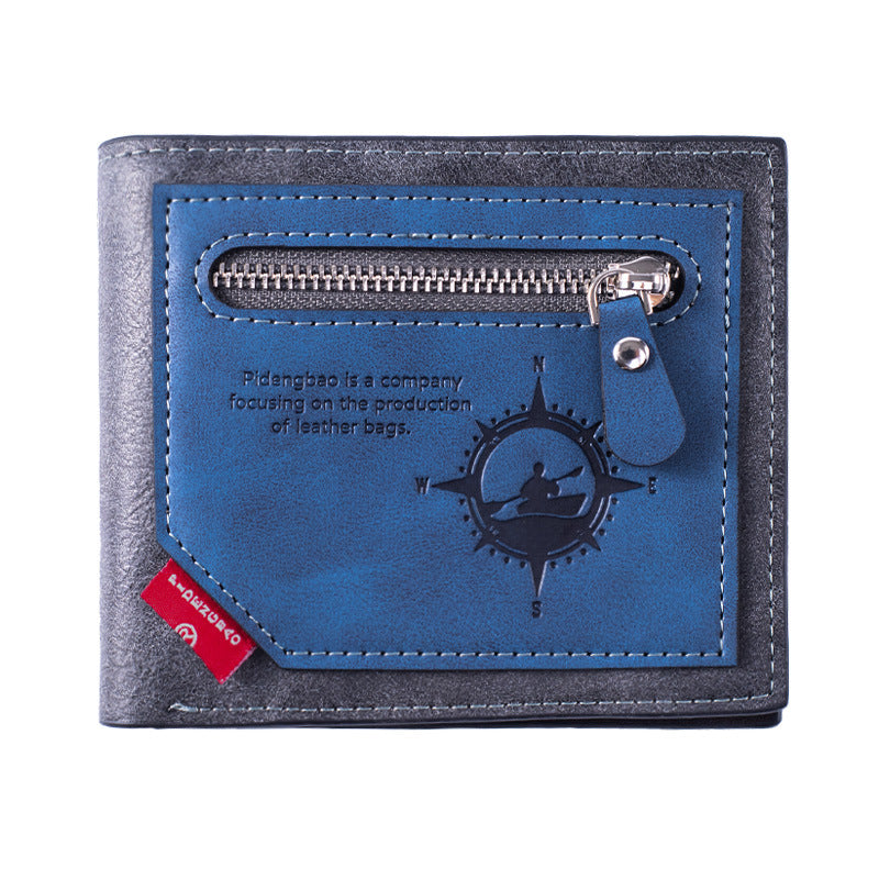 Men's Two-fold Leather Stitching Contrast Color Zipper Pocket Retro Fashion Men's Wallet
