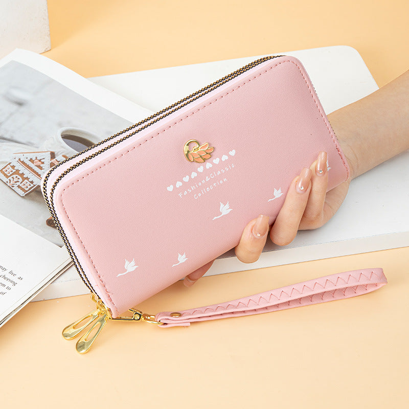 Women's Trendy Swan Double Zipper Large Capacity Wrist Ladies Wallet