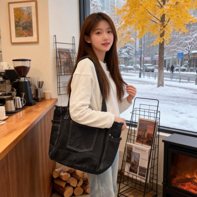 Denim Large Capacity Shopping Commuter Tassel Shoulder Bags