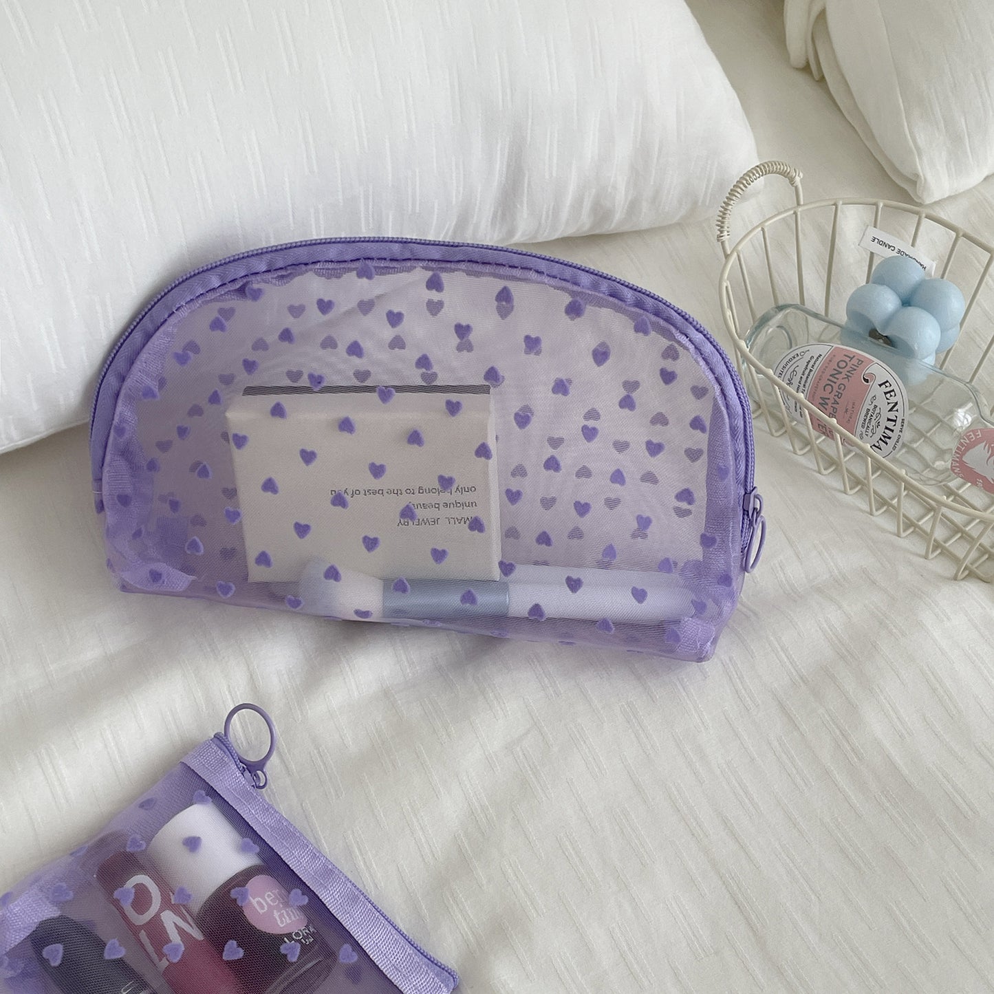 Flocking Mesh Love Portable Breathable Transparent Cosmetic Bags