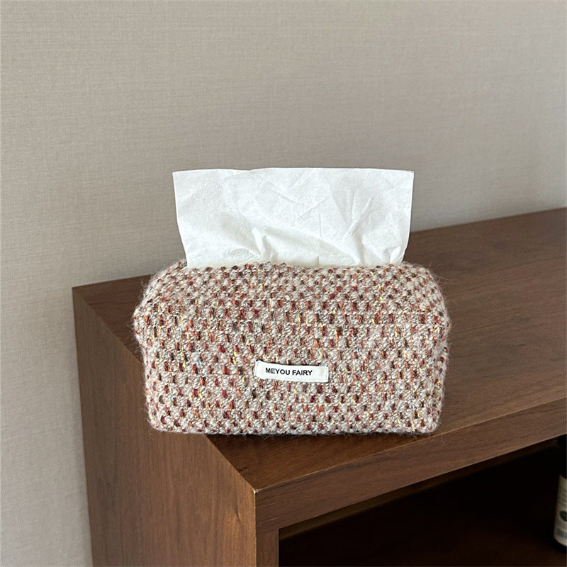 Style Pink Checked Cloth Knitted Tissue Box Home Bedroom Living Makeup Bag