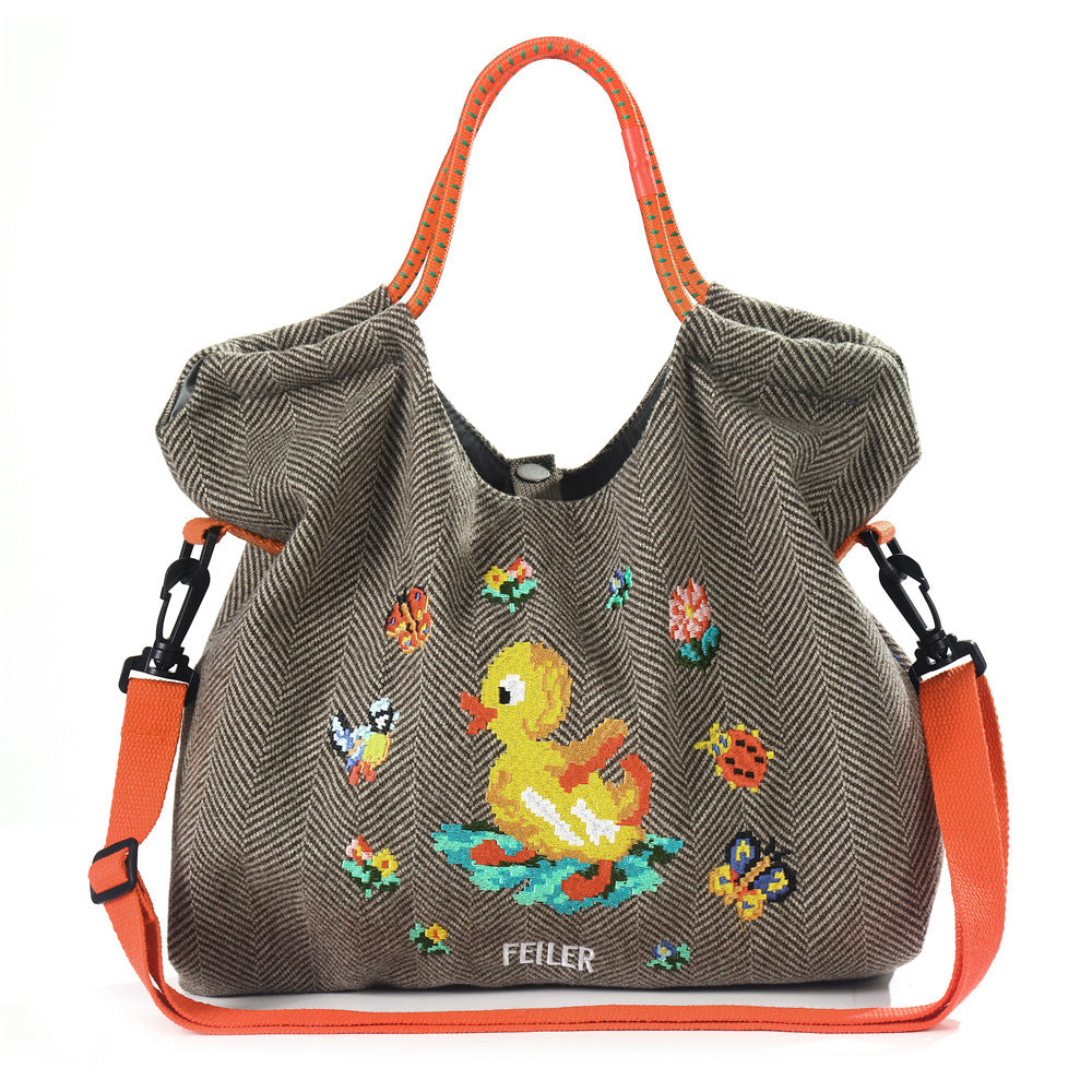 Women's Winter Cartoon Embroidered Fashion Large Capacity Women's Shoulder Bag