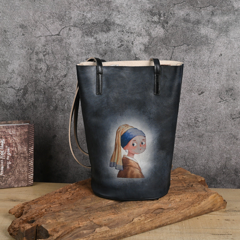 Layer Cowhide Idle Style Artistic Retro Printing Women's Messenger Bag