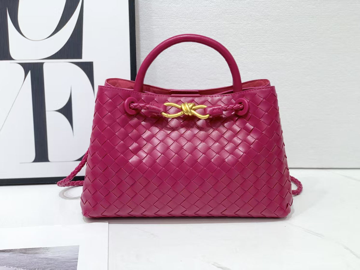 Women's Genuine Leather Metal Cord Fastener Woven Handbags