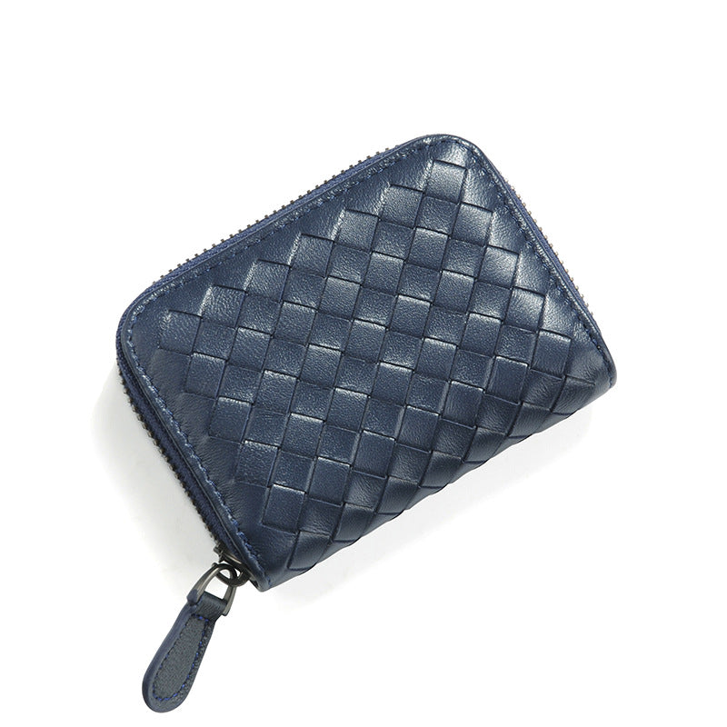 Women's Genuine Leather Mini Sheepskin Woven Business Card Holder