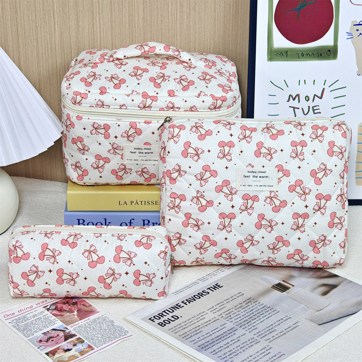Women's Large Capacity Portable Floral Wash Quilted Cotton Pencil Makeup Bag