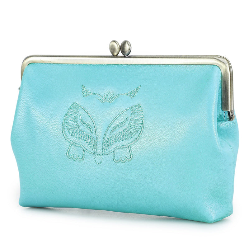Women's Black Angel Full Grain Sheepskin Double Iron Hinge Embroidered Makeup Bag