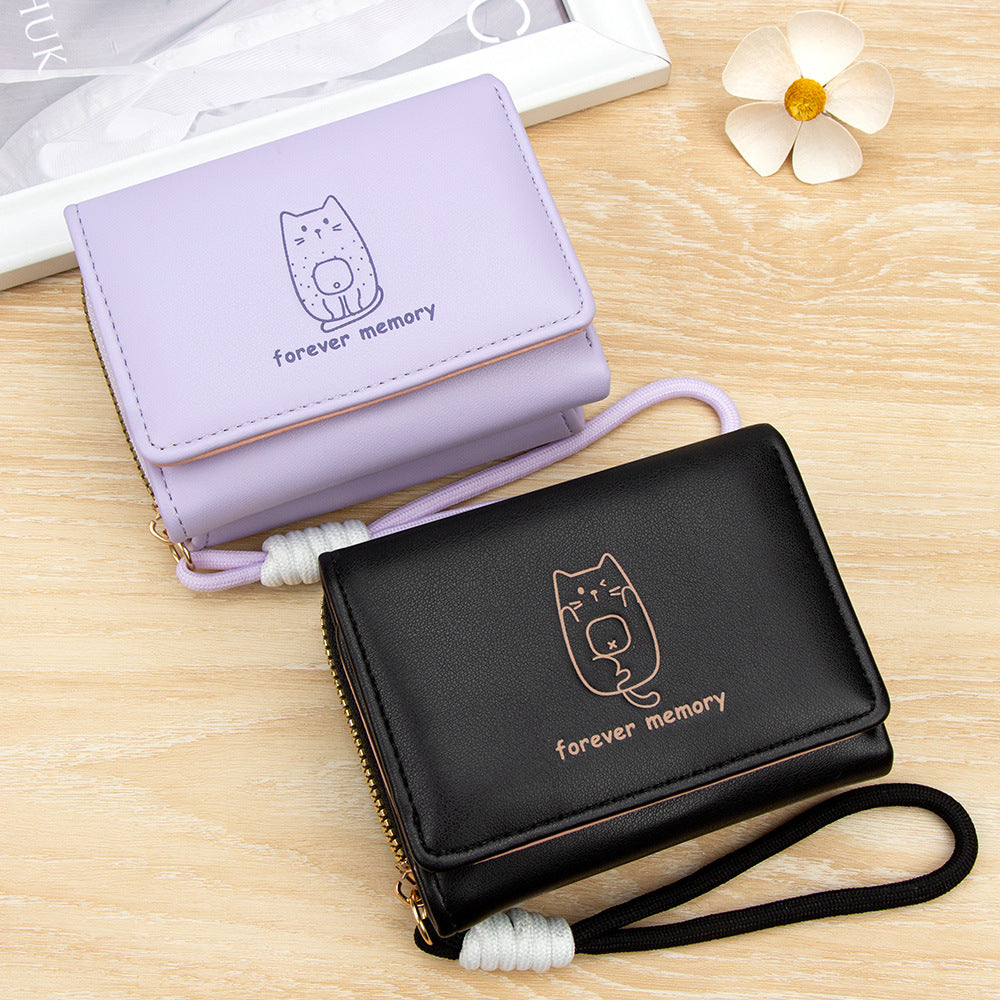 Women's Style Cat Lanyard Simple Short Three Fold Fresh Printed Coin Purses