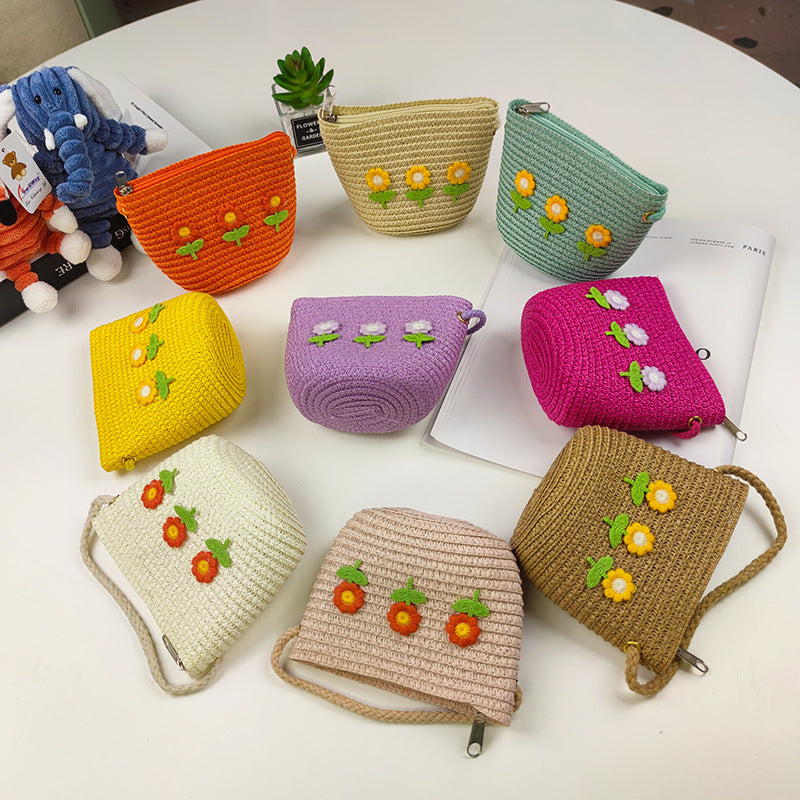 Children's Mini Straw Flower Woven Little Coin Purses