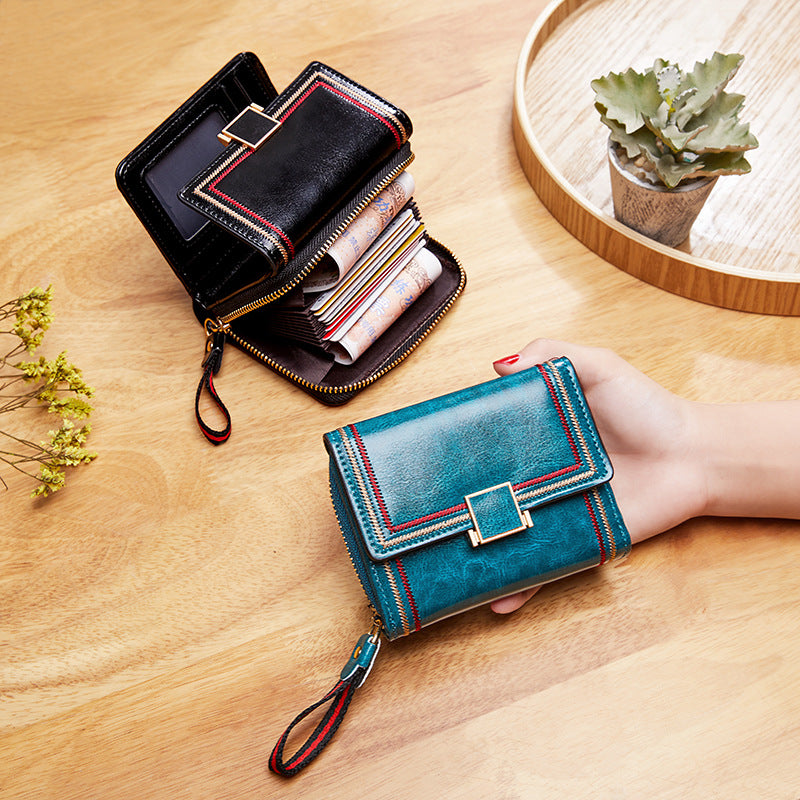Women's Retro Oil Wax Skin Multiple Slots Expanding Card Holder