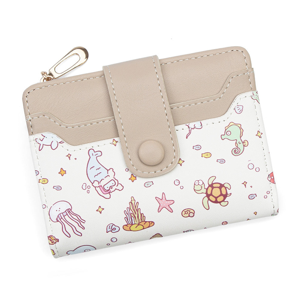 Fashion Cartoon Printed Large Capacity Zipper Female Two Fold Multiple Card Holder