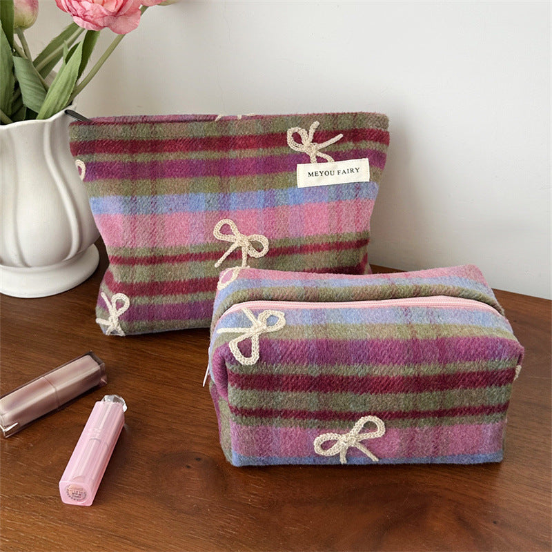 Plaid Woolen Bow Storage Large Capacity Wash Makeup Bag