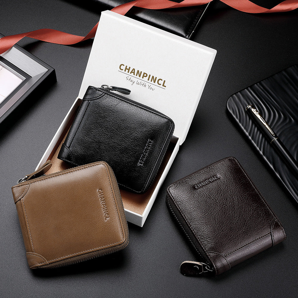 Men's Boxed First Layer Cowhide Pocket Zipper Men's Wallets