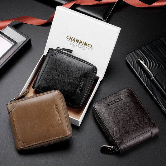Men's Boxed First Layer Cowhide Pocket Zipper Men's Wallets