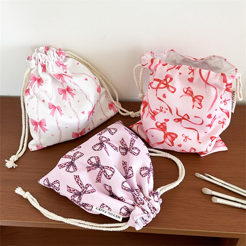 Girly Heart Bowknot Portable Storage Fabric Makeup Bag