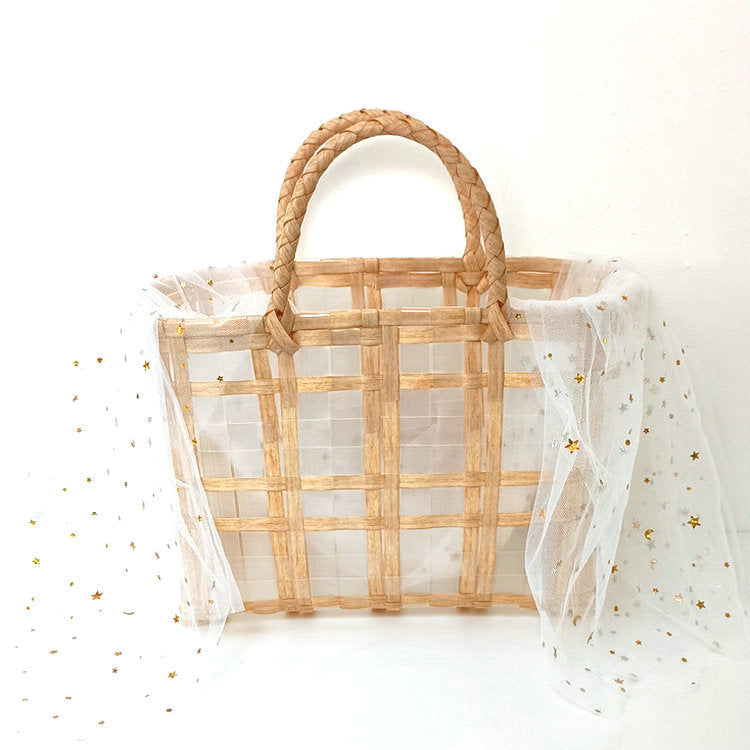 Women's Plastic Woven Star Moon Yarn Decorative Hand Gift Basket Handbags