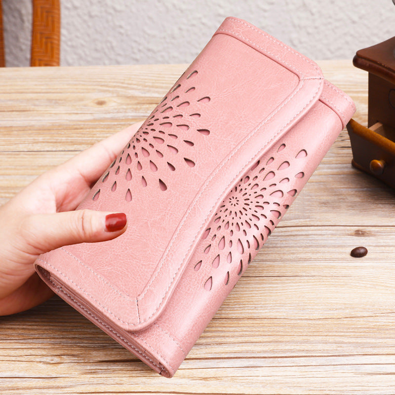 Women's Long Genuine Leather Vintage Oil Wax Cattlehide Fashion Ladies Wallet