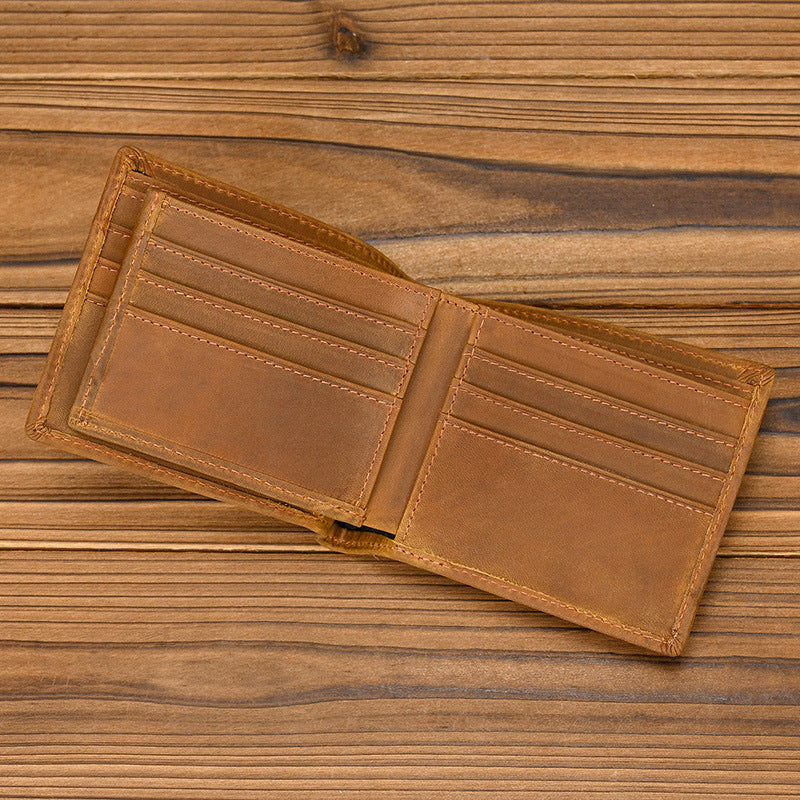 Men's Short Genuine Leather Crazy Horse Multiple Slots Trifold First Layer Men's Wallet