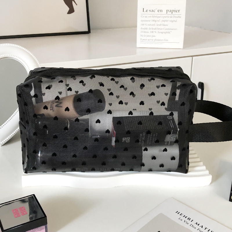 Flocking Pink Mesh Heart Portable Wash Cosmetic Bags