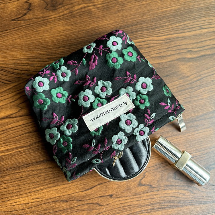 Fresh Black Flower Portable Skin Care Buggy Canvas Cosmetic Bags