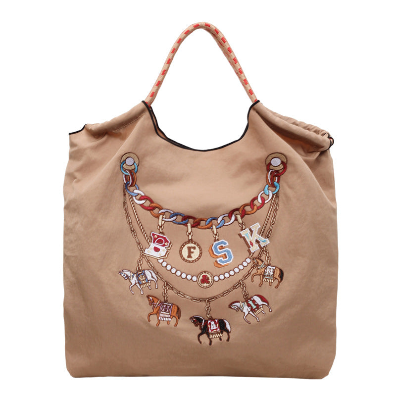Large Capacity Blue Bottle Embroidered Canvas Leisure Embroidery Handbags
