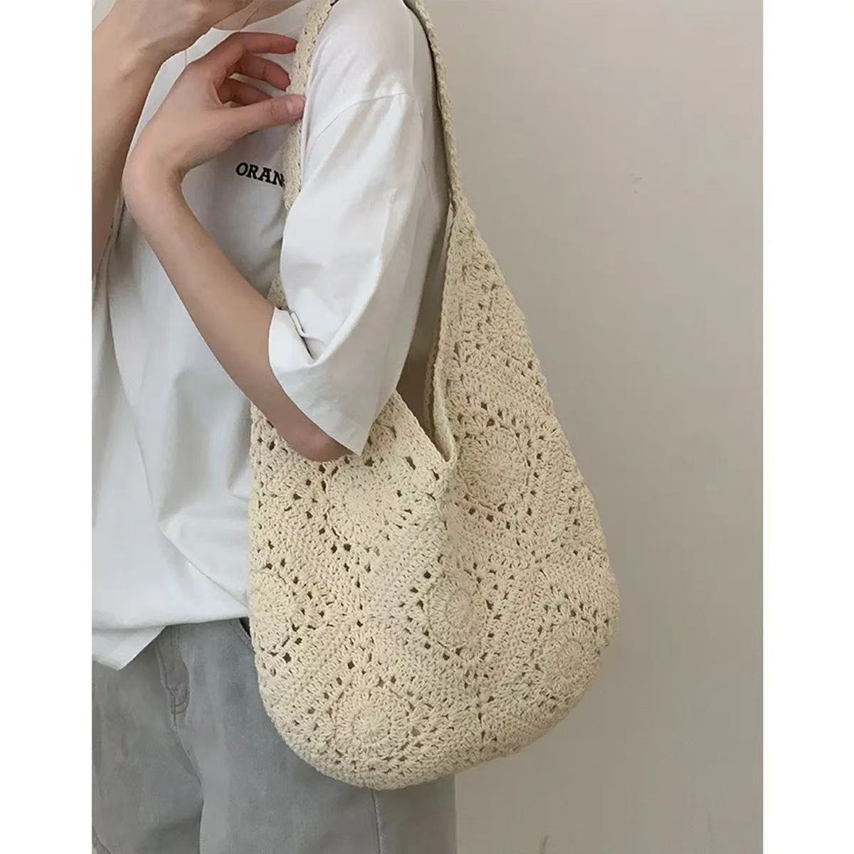 Korean Style Woven Artistic Woolen Yarn Seaside Vacation Women's Shoulder Bag