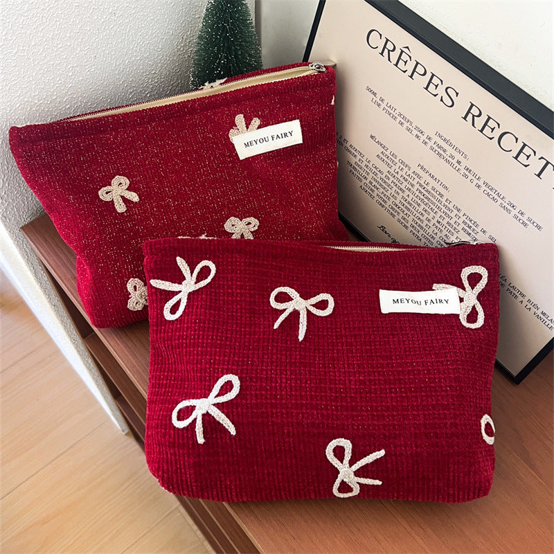 Portable Large Capacity Red Bow Wash Liner Girly Cosmetic Bags