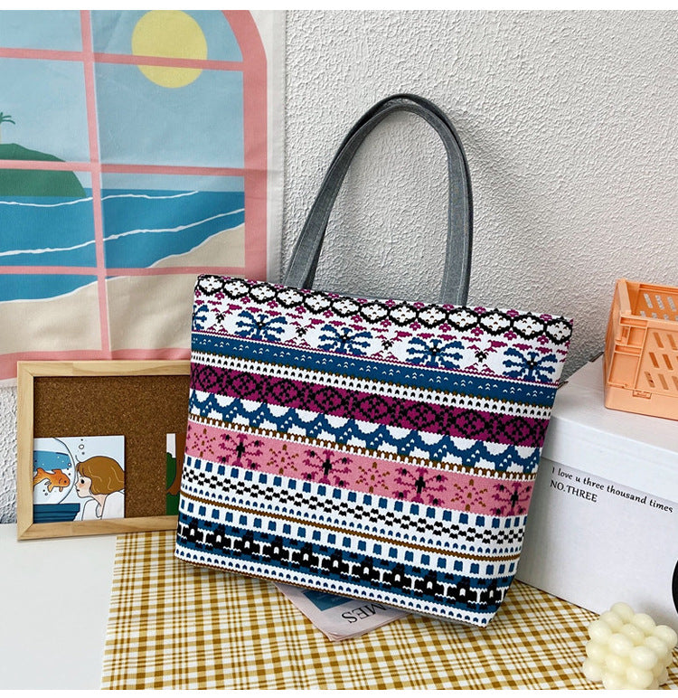 Women's Canvas Vintage Printed Big Artistic Shopping Handbags