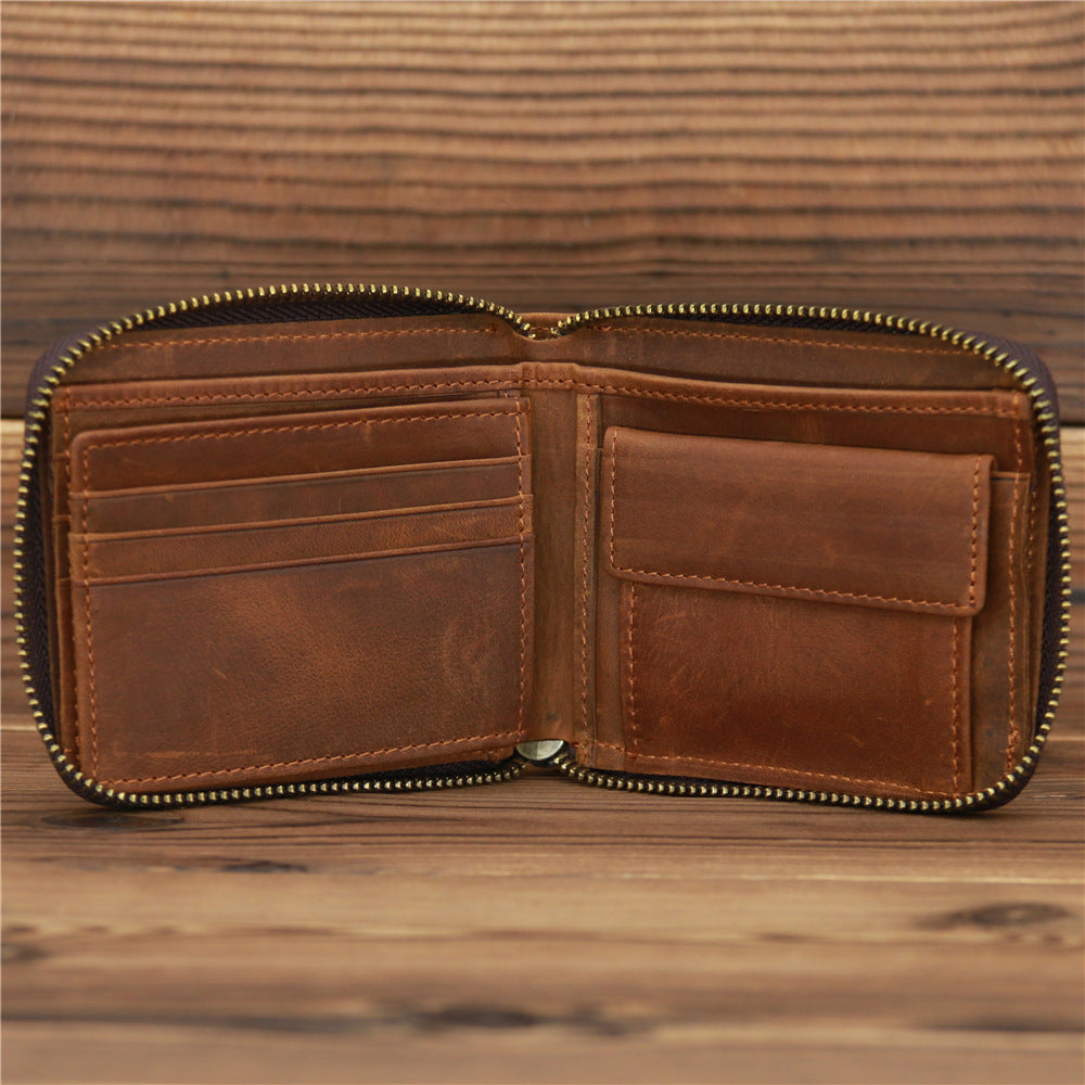 Men's Zipper Crazy Horse First Layer Cowhide Coin Purses