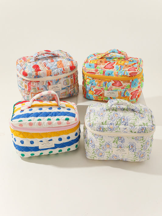 Portable Large Capacity Striped Polka Dot Storage Carrying Quilted Cosmetic Bags