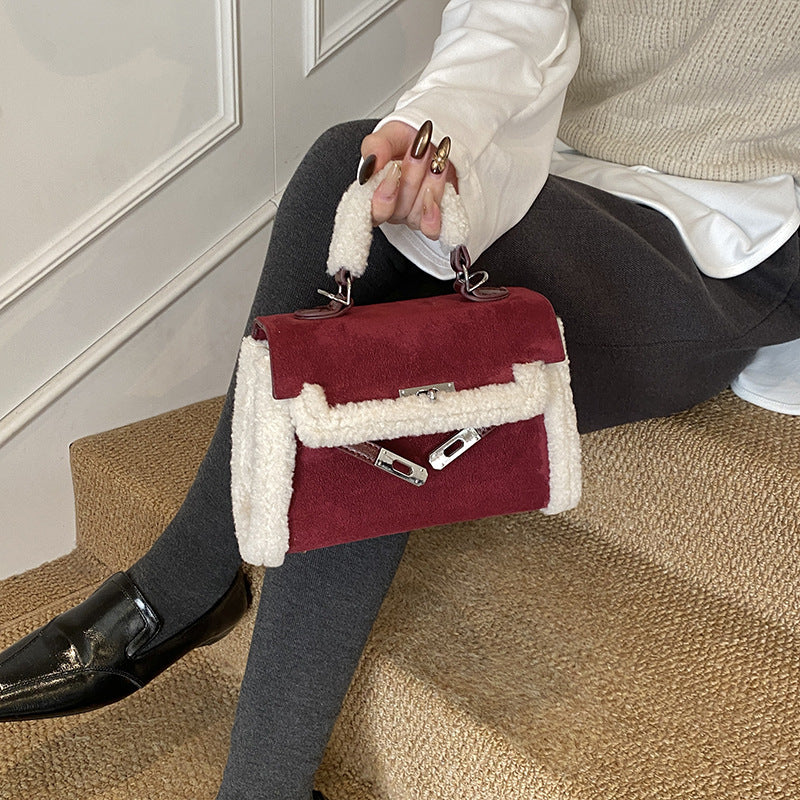 Women's Fashion Lamb Wool Stitching Kelly Versatile Women's Shoulder Bag