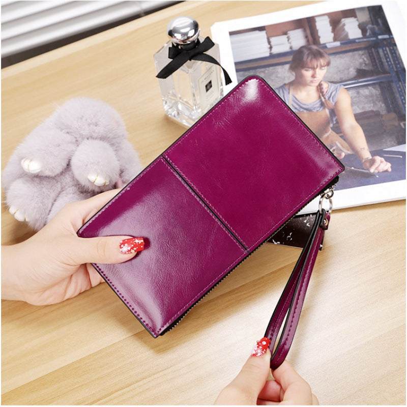 Women's Zipper Hasp Korean Style Large Capacity Oil Wax Leather Ladies Wallet