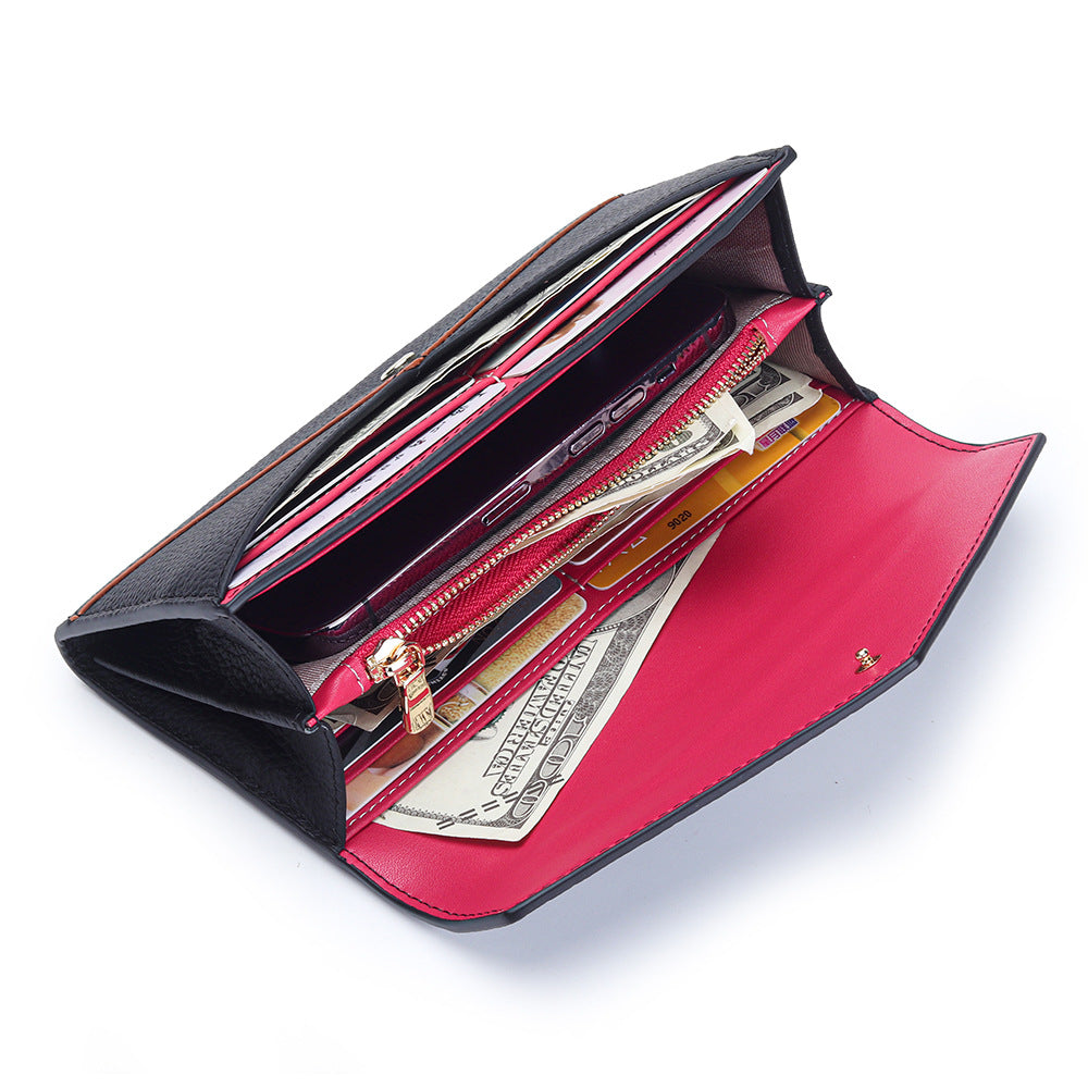 Women's First Layer Long Cowhide Contrast Color Fashion Stitching Large Ladies Wallet