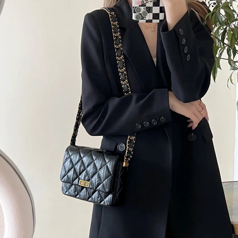 Classic Style Thick Chain Rhombus Black Women's Shoulder Bag