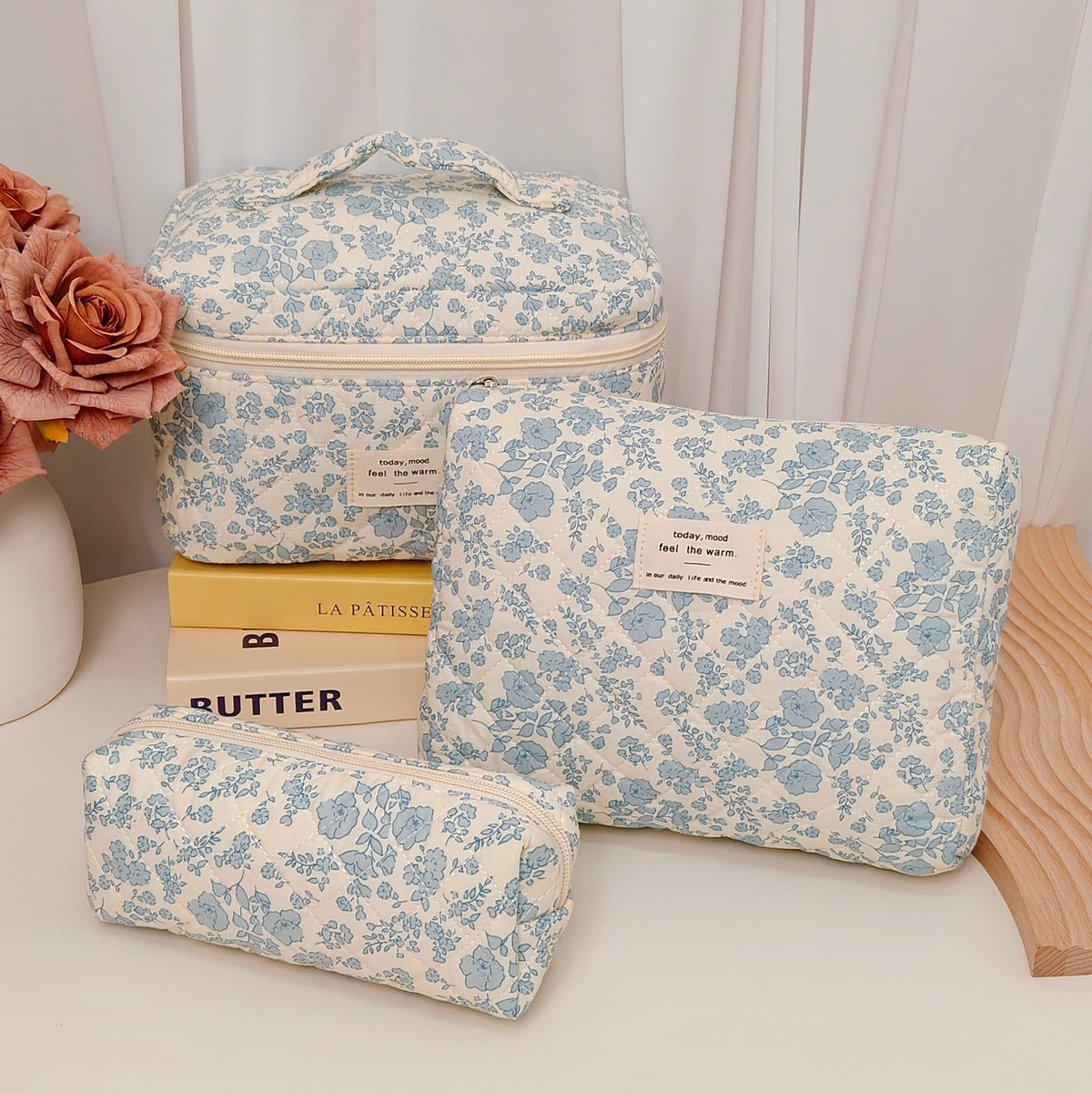 Floral Polyester Cotton Vertical Large Capacity Partition Makeup Bag