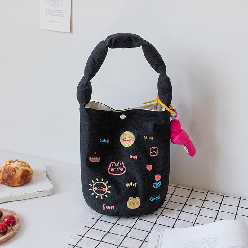 Embroidered Canvas Female Lunch Box Hand Handbags
