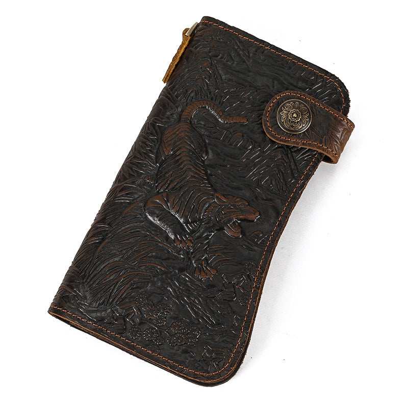 Men's Long Genuine Leather Crazy Horse Dragon Pattern Iron Chain Men's Wallet