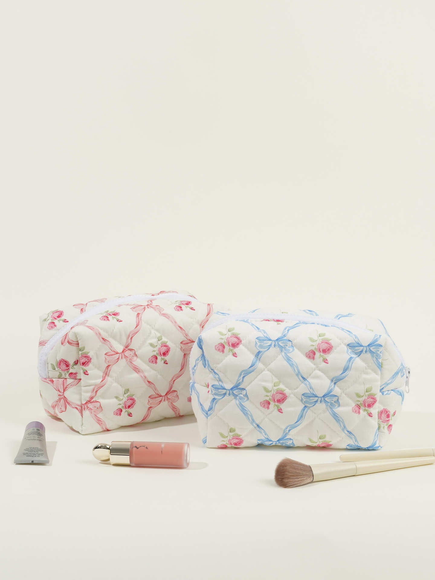 Quilted Large Capacity Bow Printed Rose Cosmetic Bags