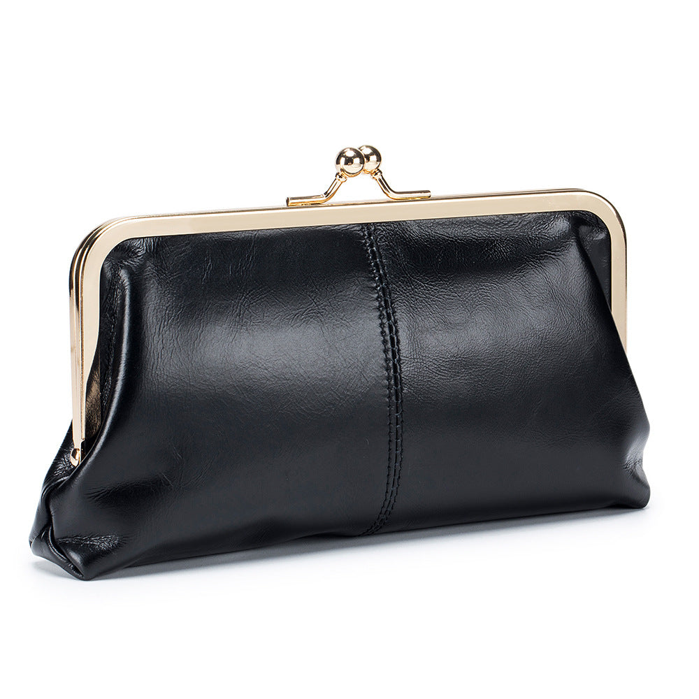 Genuine Leather Retro Clip Long Clutch Simple Frame Storage Handbags