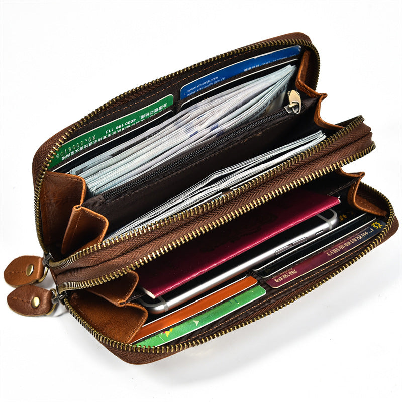 Men's Crazy Horse Leather Long Real Zipper Cowhide Clutch Men's Wallet