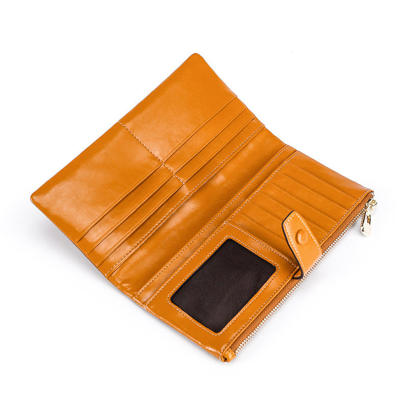 Quality Oil Wax Leather Long Multiple Slots Genuine Hand-held Multifunctional Purses