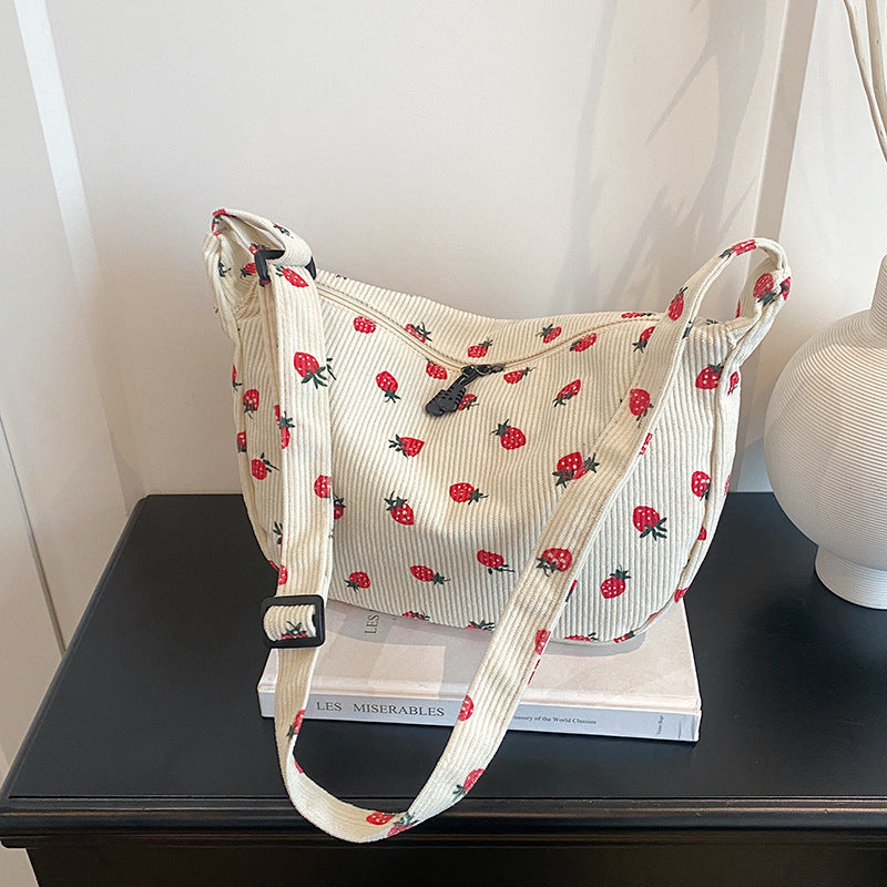 Trendy Female Strawberry Corduroy Large Capacity Shoulder Bags