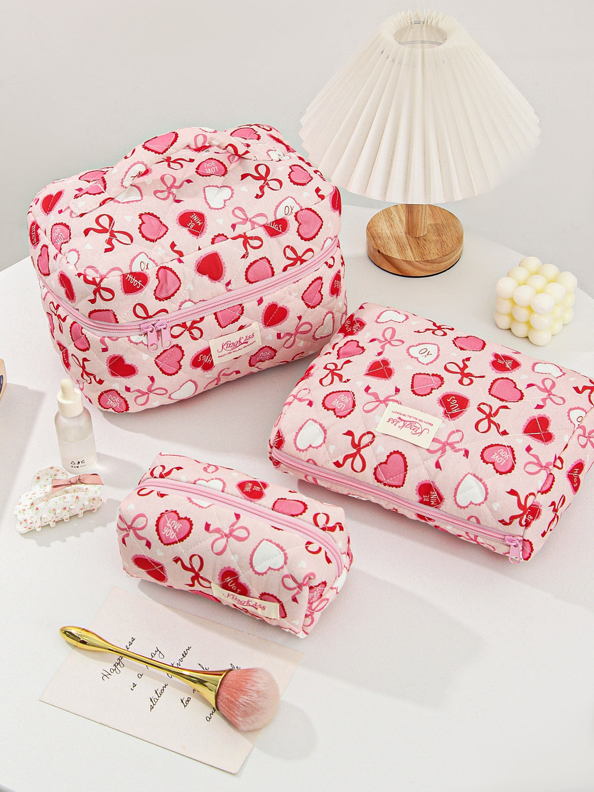 Love Heart Bow Portable Large Capacity Makeup Bag
