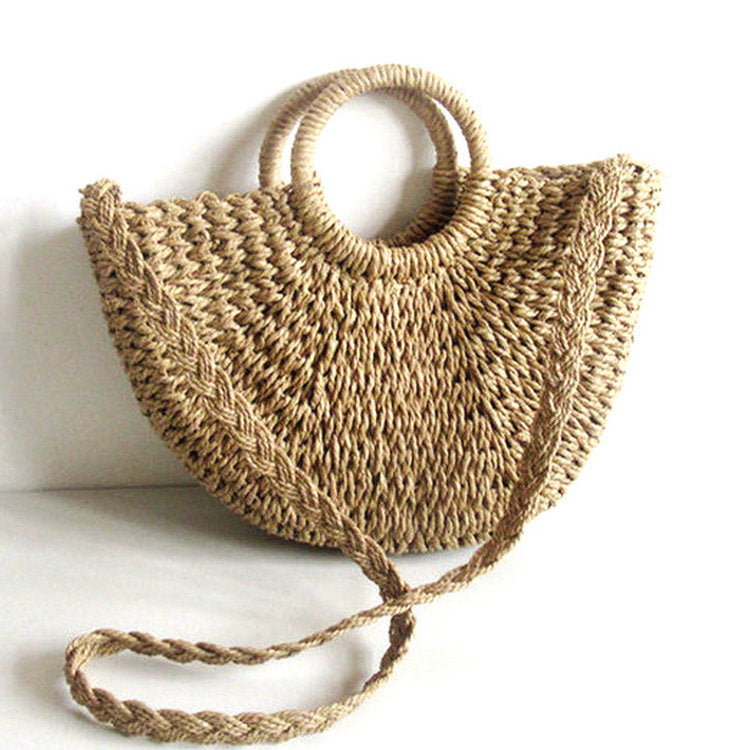 Simple Solid Color Woven Retro Style Vacation Bags