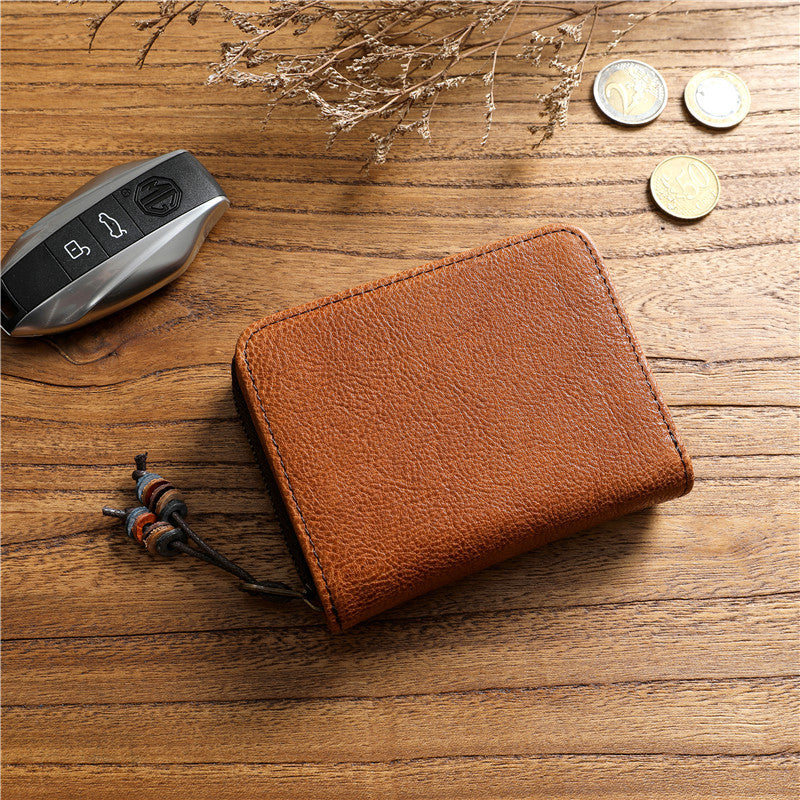 Men's Tanned Leather Cowhide Short Genuine Green Vertical Coin Purses