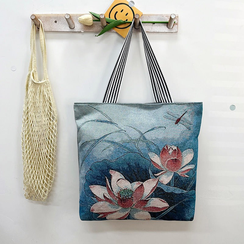 Women's Large Capacity Totes Gold Silk Embroidered Canvas Creative Women's Shoulder Bag