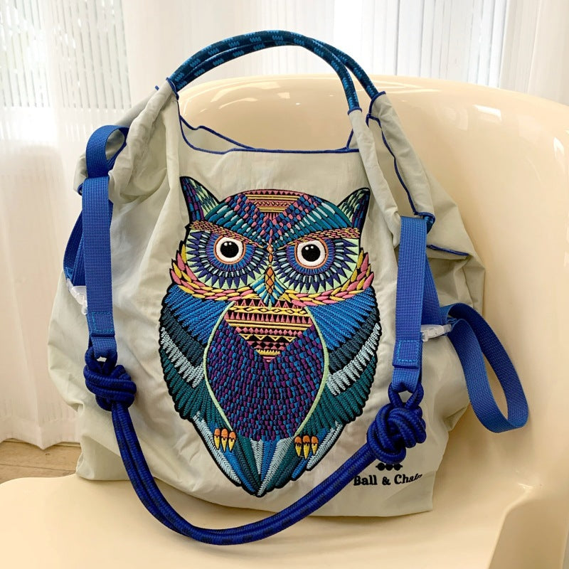 Owl Embroidery Green Shopping Nylon Cloth Waterproof Portable Women's Shoulder Bag
