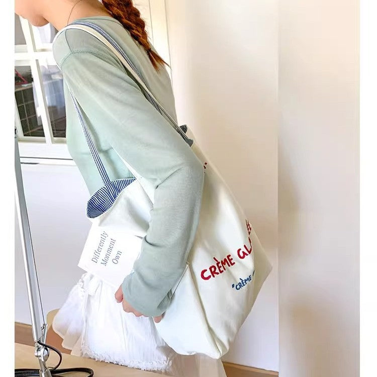 White Large Capacity Embroidered Double-sided Canvas Women's Shoulder Bag